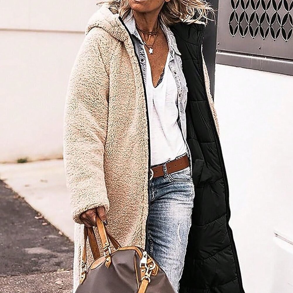 Black Casual Women's Double-Sided Hooded Thick Warm Mid-Length Jacket